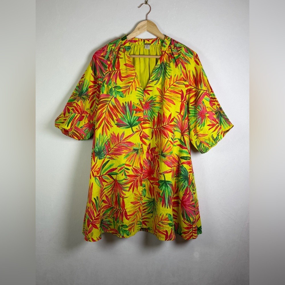 Magischoni Women’s 100% Linen Tropical Print Mini Dress Puff Sleeve Dress Sz S