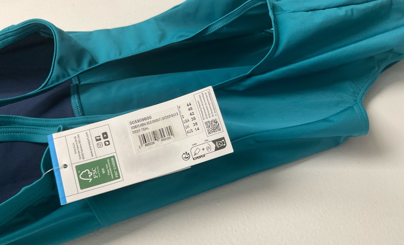 Arena One Piece Competitive Swimwear – Lightdrop Back – Deep Teal – Size 38 -NEW