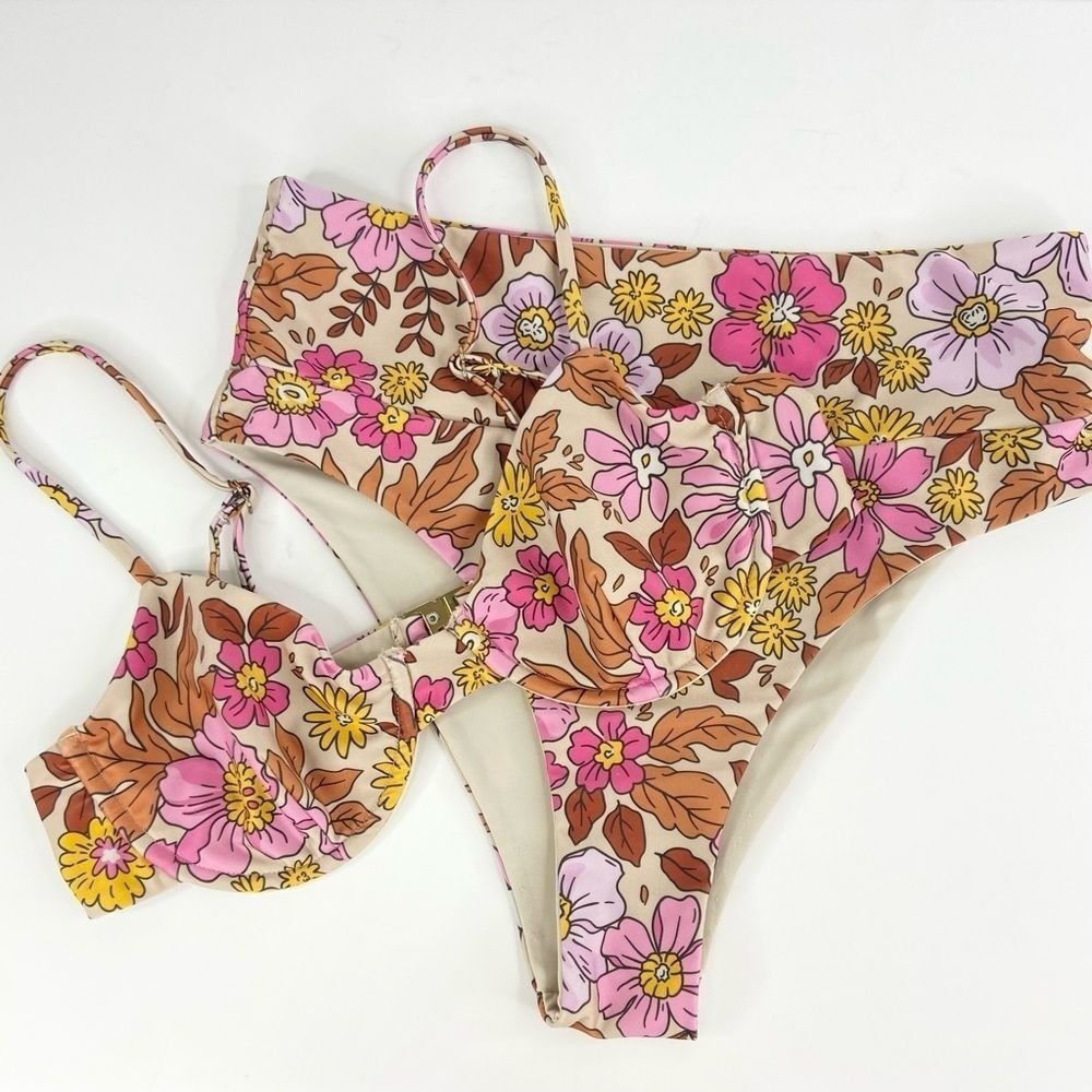 PILOT ACTIVE Floral Underwire High-Waisted Bikini Swim Suit Size Large