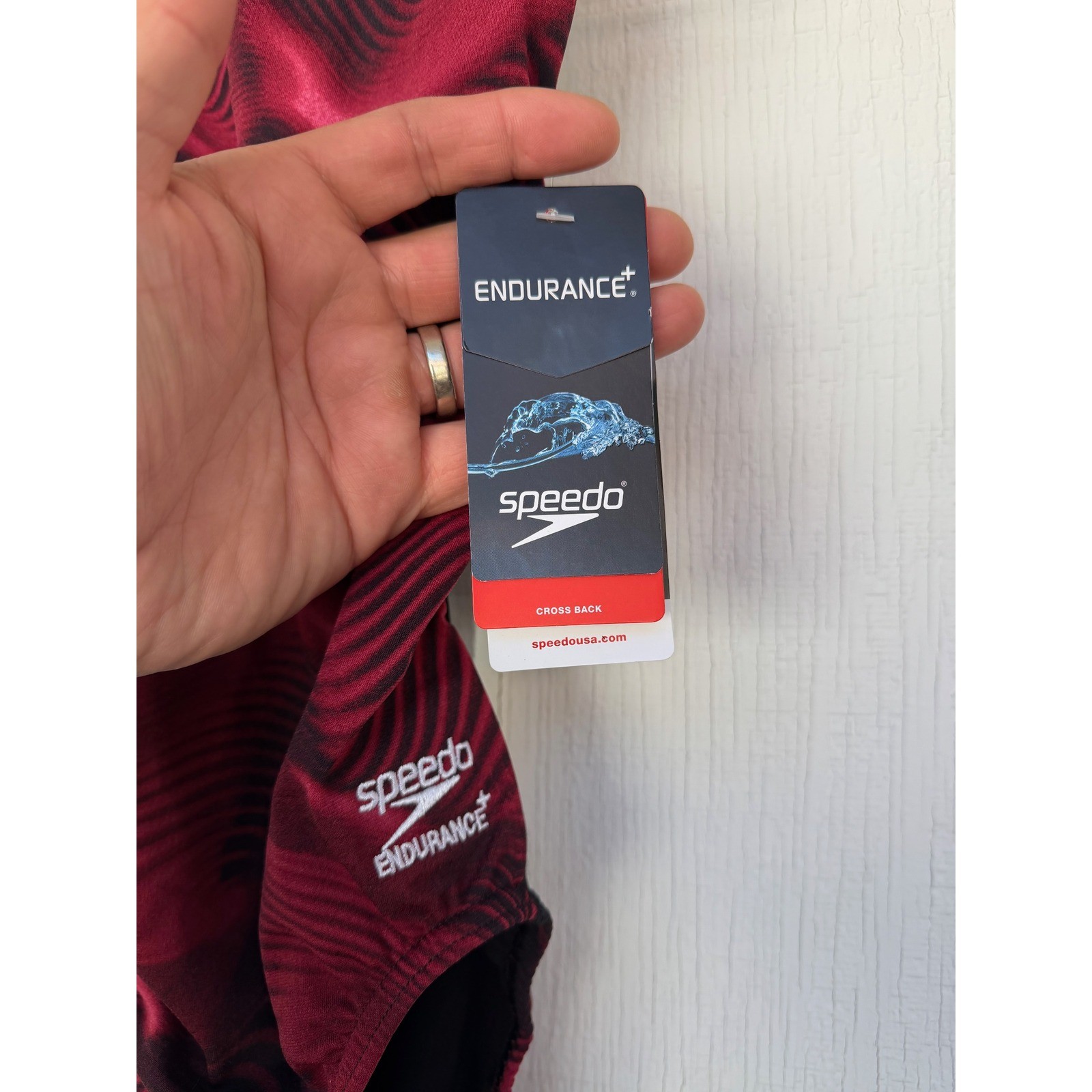 NWT Speedo Endurance+ One Piece Swimsuit Maroon Swirl Cross Back Racing Cut 24