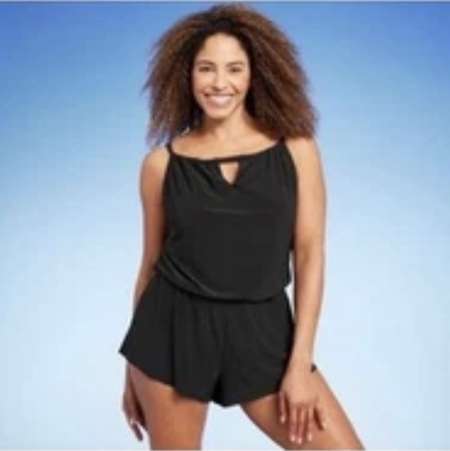 Aqua Green Women’s Black Swim Romper Size 16 Pockets Swimming Summer