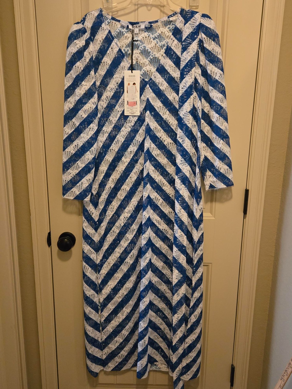 STYLEST AQUALACE Striped Chevron Puff Sleeve Belted Swim Cover-Up Wrap Lg NWT