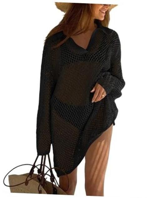Womens Crochet Cover Ups Tops Sexy Swim Coverup 2026 Bathing XX-Large Black