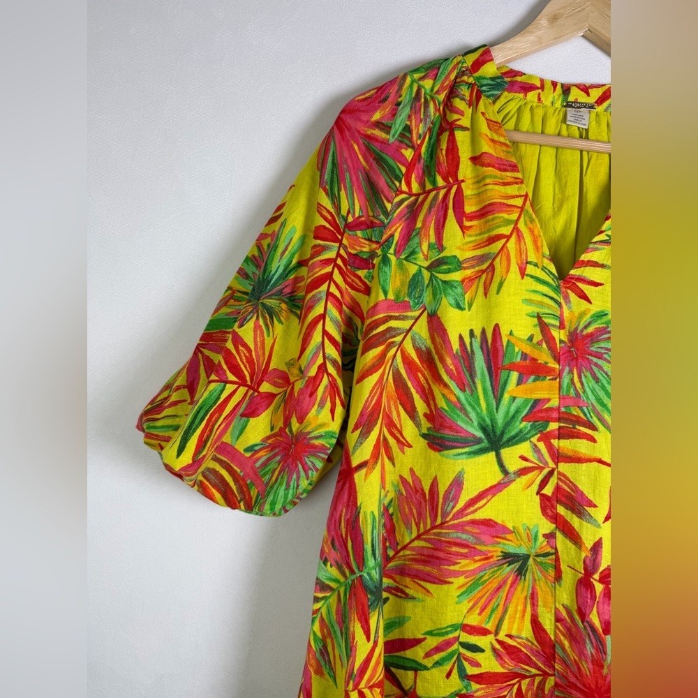 Magischoni Women’s 100% Linen Tropical Print Mini Dress Puff Sleeve Dress Sz S