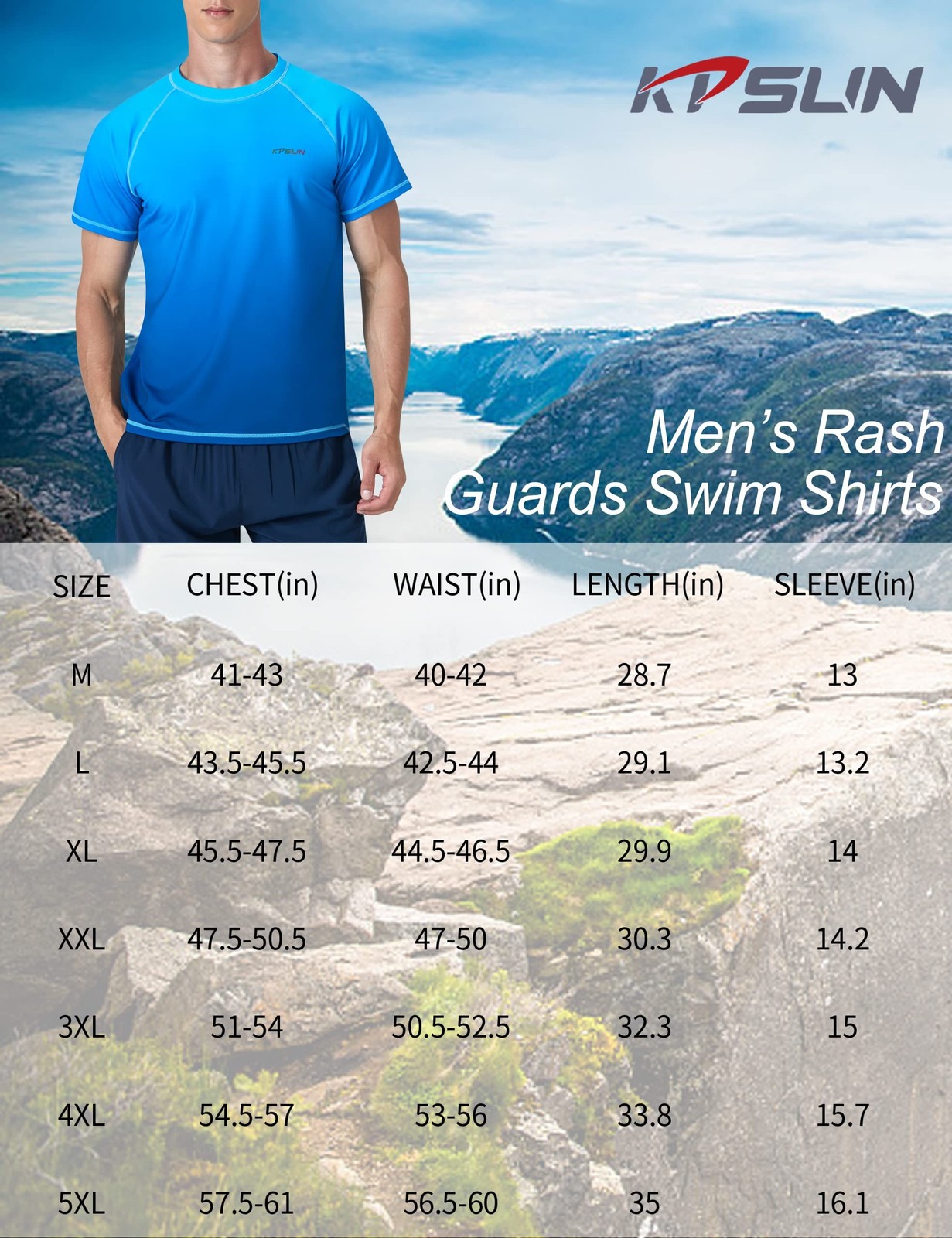 Mens Swim Shirts UPF 50+ Sun Protection Quick Dry SPF Rash Guard Outdoor Beac…