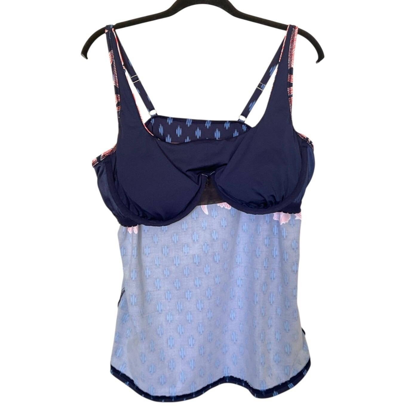 Lands’ End Women’s Tankini Top Sz 16 Square Neck Floral Ikat Print Built-In Bra