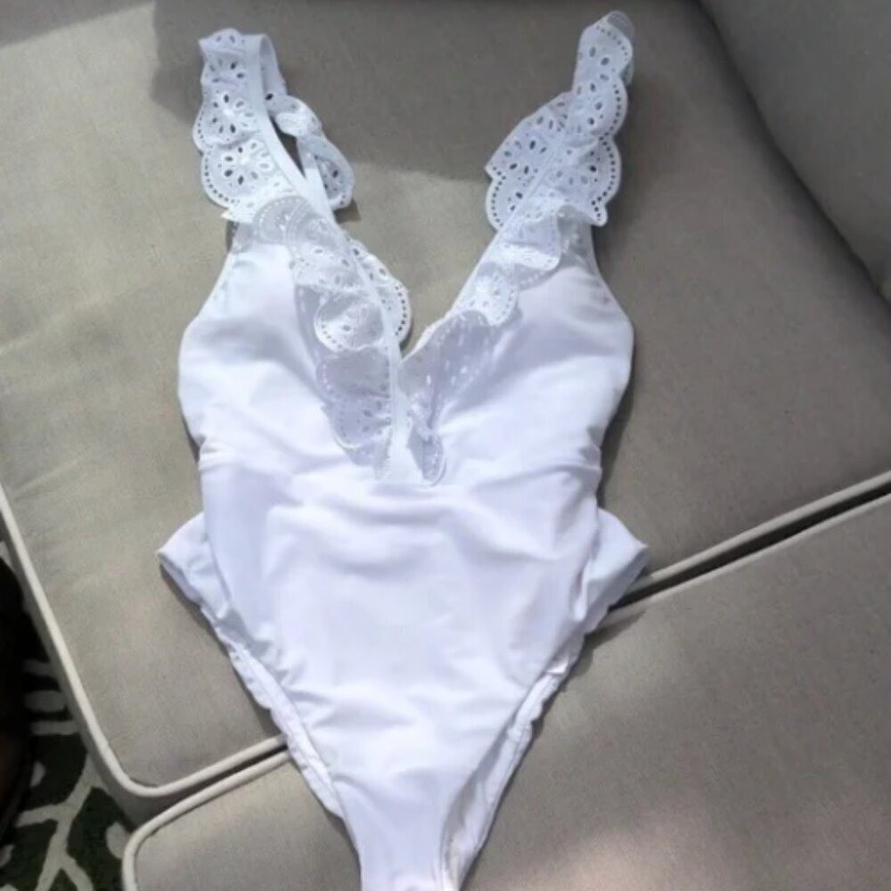 White Swimsuit Size L Eyelet Ruffle Plunge Cheeky Monokini Bachelorette