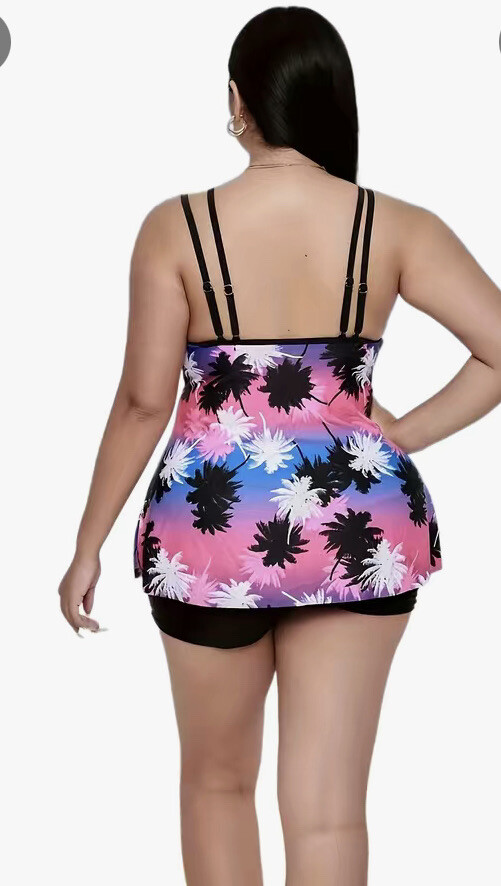 2pc Tankini Women’s 2X Plus Size Palm Trees Pink Blue Purple Bathing Suit
