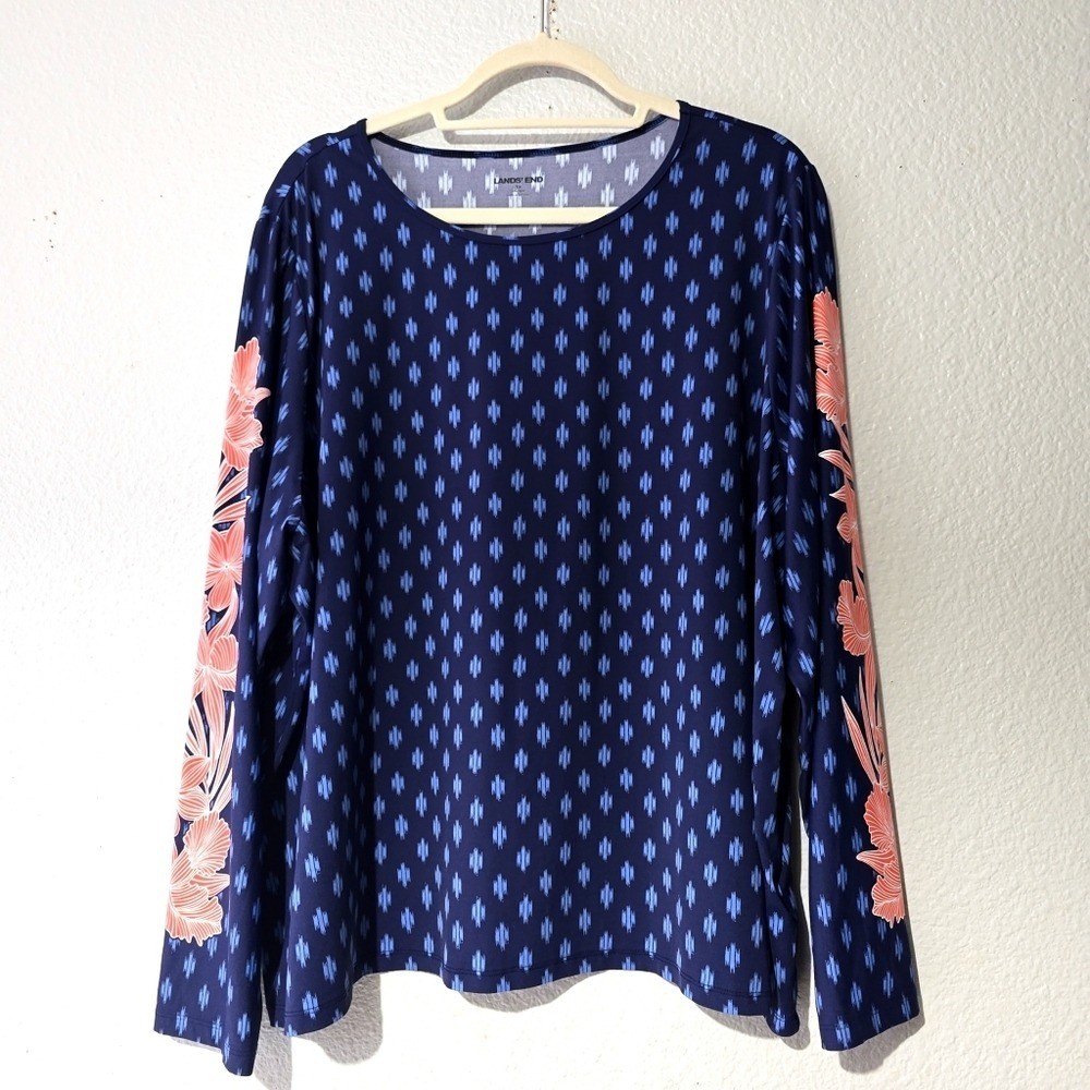 Lands’ End blue ikat print athletic swim shirt red flower Sleeves Rash Guard 3X