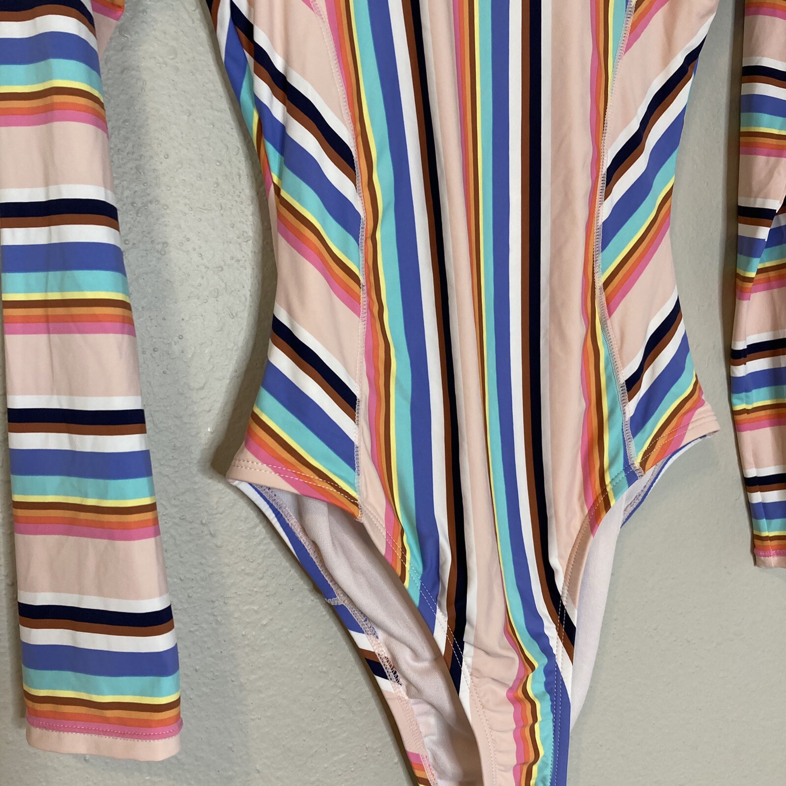 Hobie Standard Surf Suit M Multicolor Striped One Piece Swimsuit, Long Sleeve