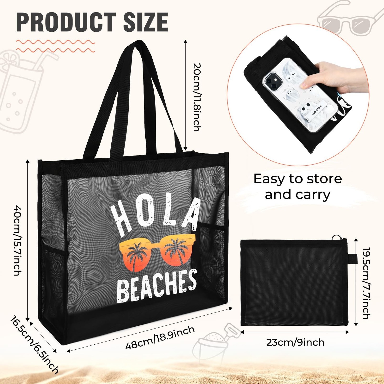30L Large Beach Bag with Pouch Foldable Sandproof Lightweight Mesh Tote Bag w…