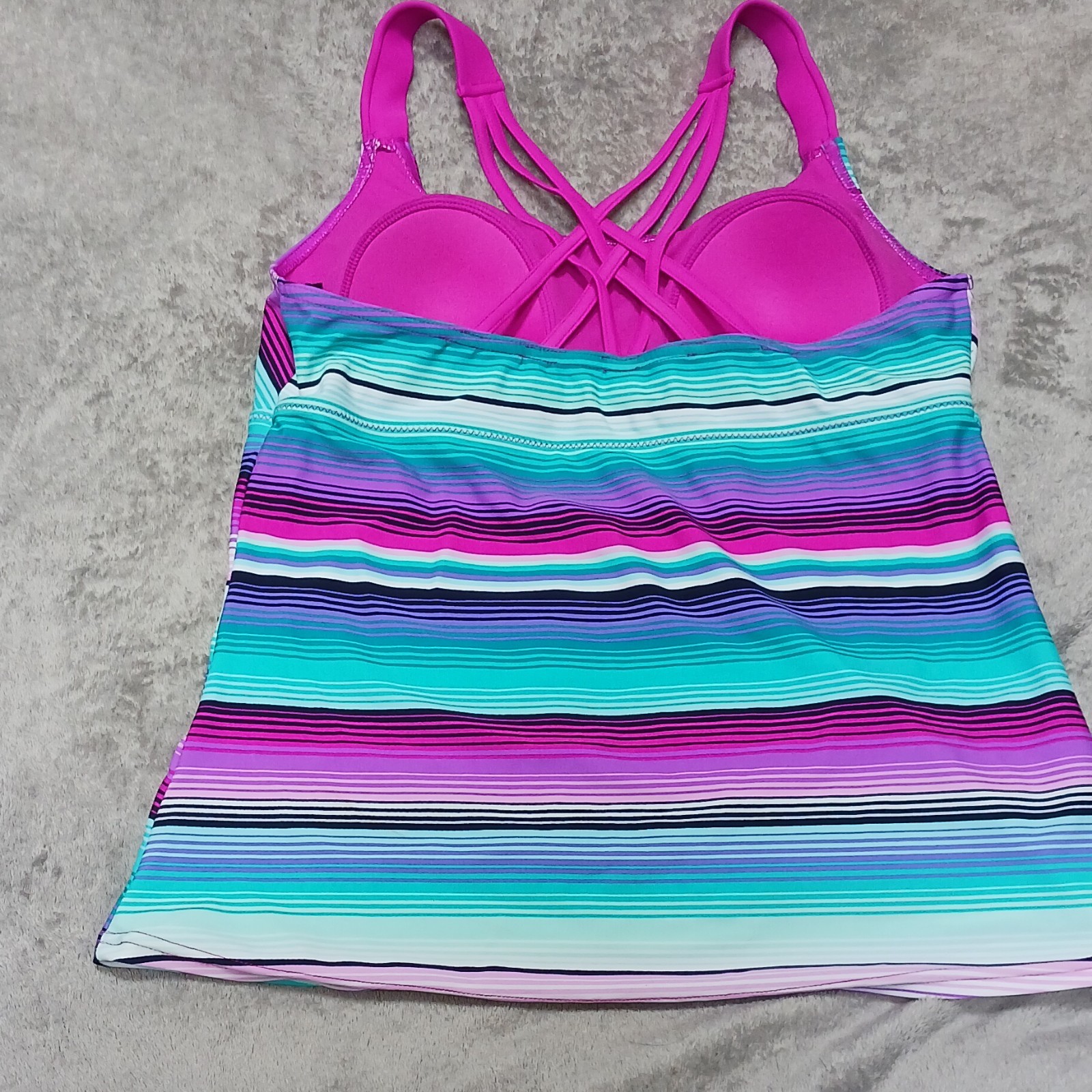 ZeroXposur Women’s Strappy Back Tankini Swim Top L Pink Blue Striped