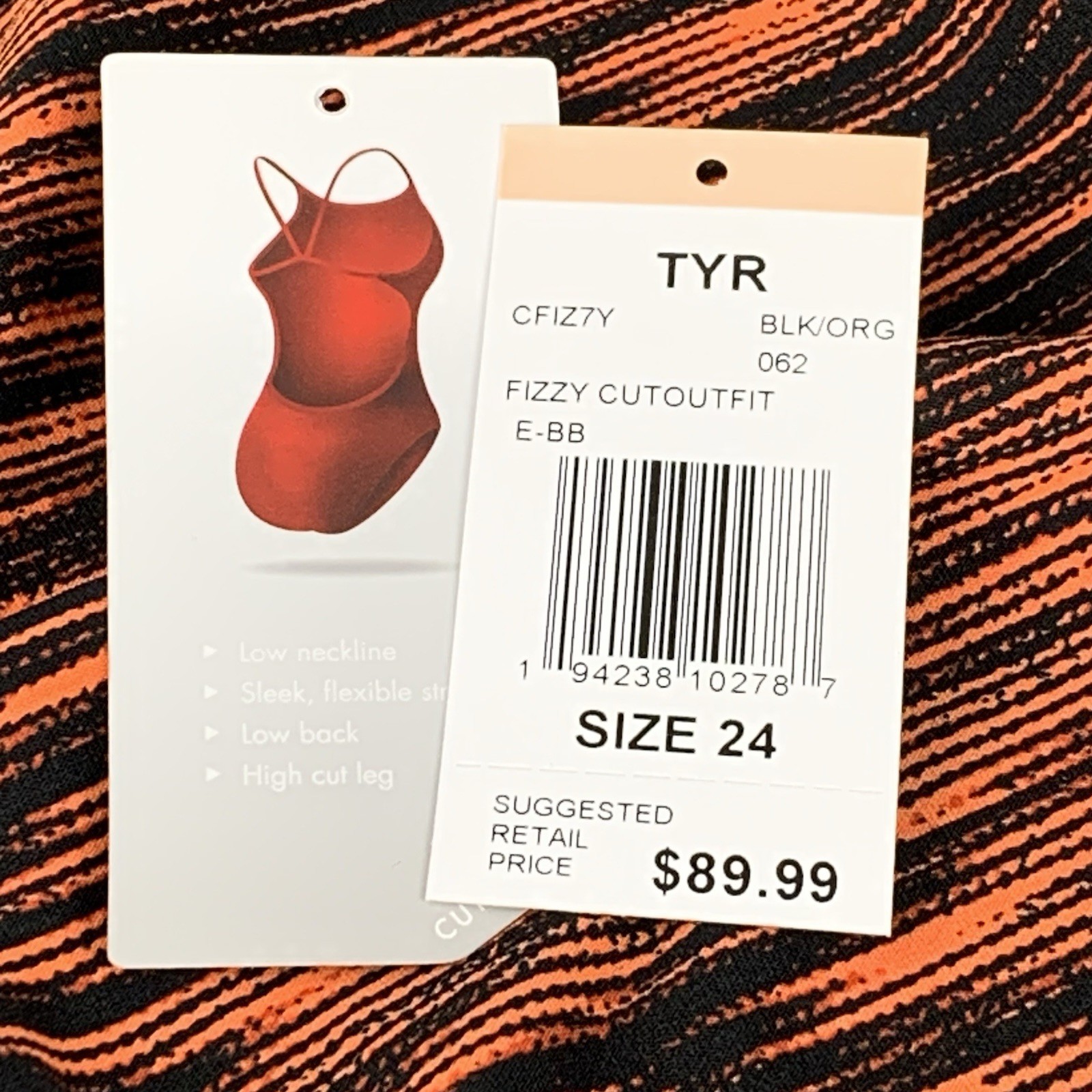 TYR Women’s Fizzy Cutoutfit E-BB Swimsuit Size 24 Black and Orange NWT
