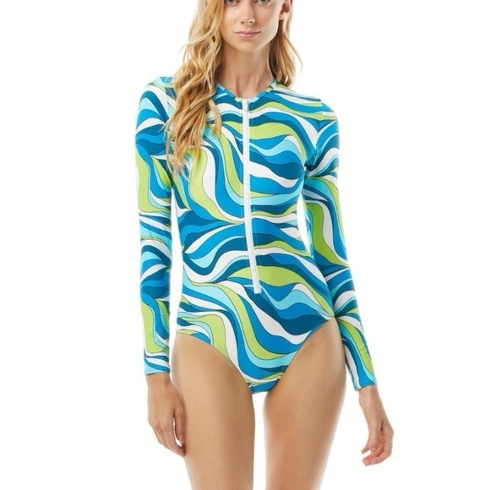 MICHAEL KORS SURF LONG SLEEVE 1PC PADDLE SWIMSUIT RASH GUARD CYAN BLUE 6