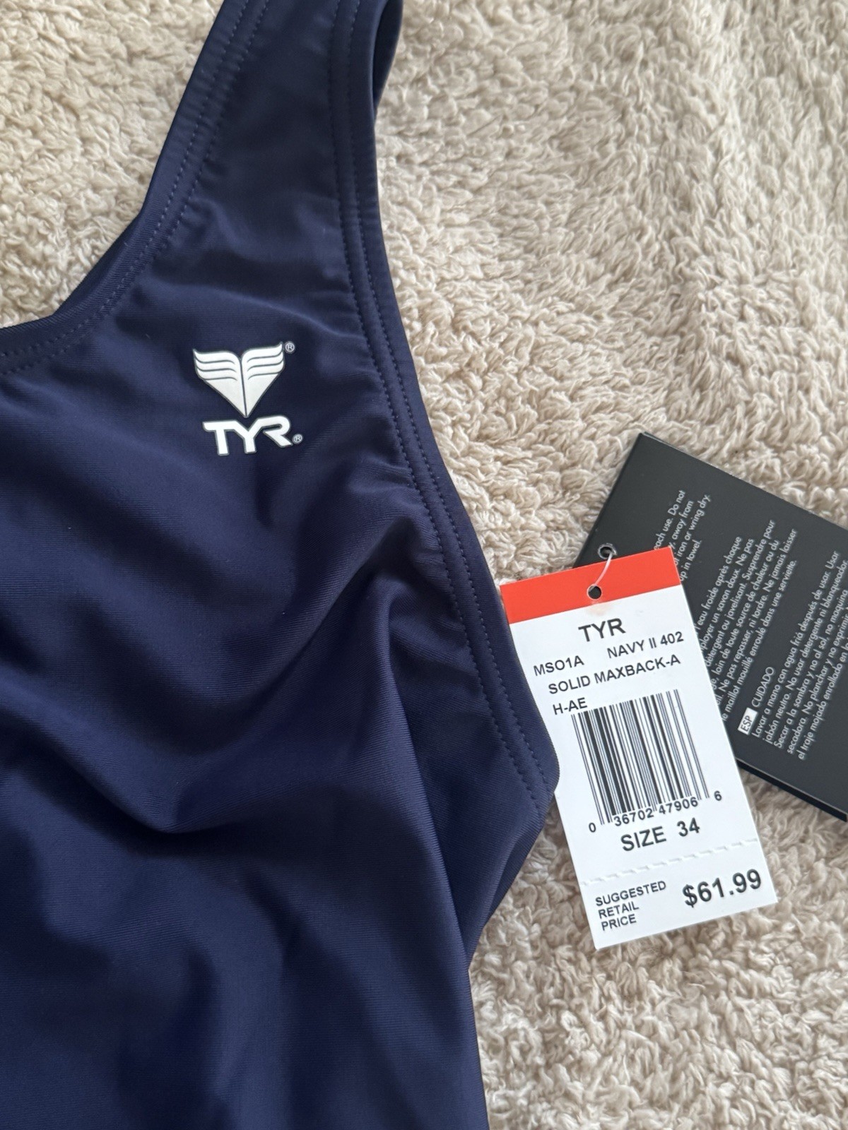 TYR Navy Competitive One Piece Maxback Swimsuit Size 34 Polyester/Spandex