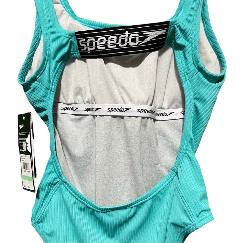 NWT Speedo Women’s 8 Rib Logo One Piece Swimsuit Ceramic Blue Size 8