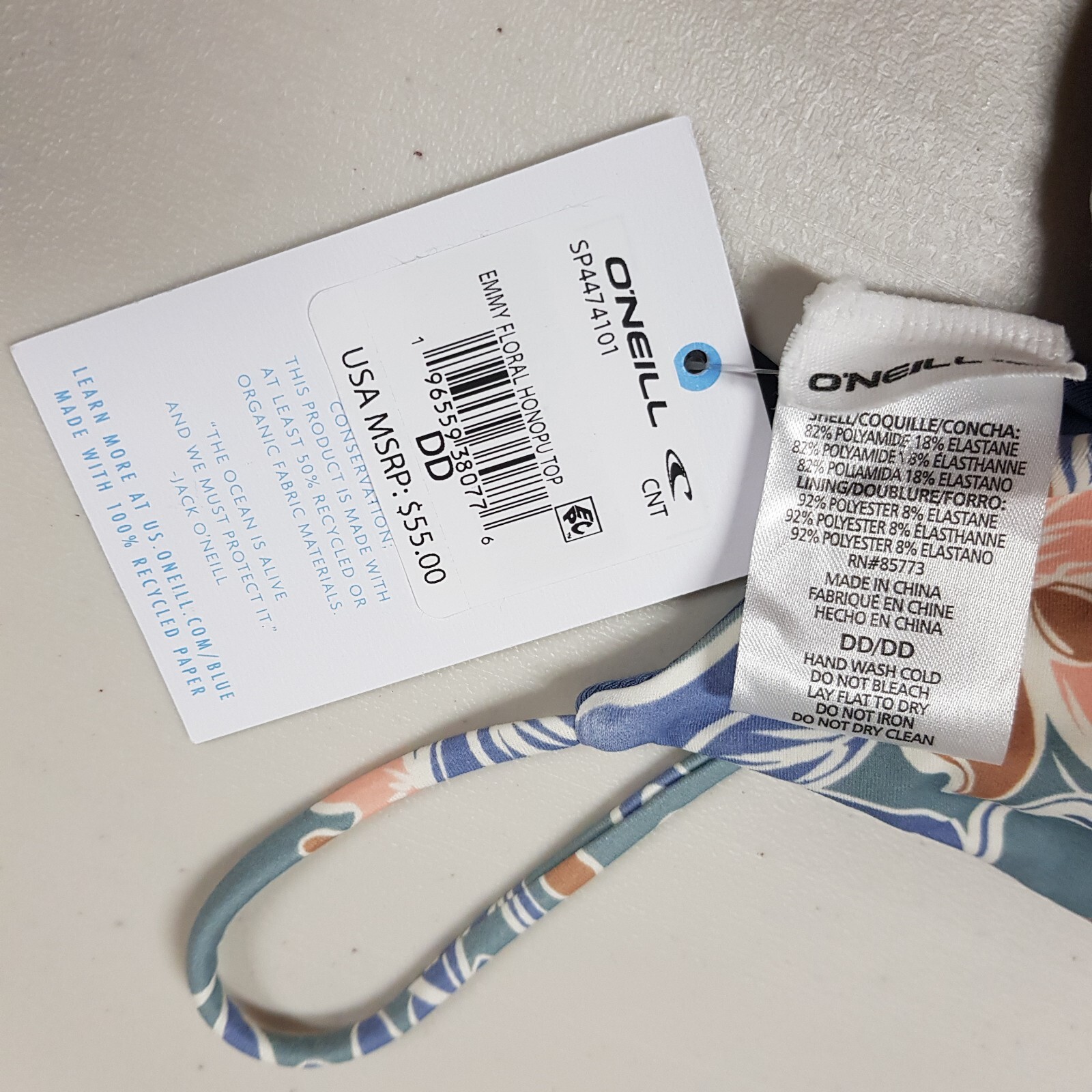ONeILL Emmy Floral Honopu Bikini Top size DD Blue Swimwear Underwire Adjustable