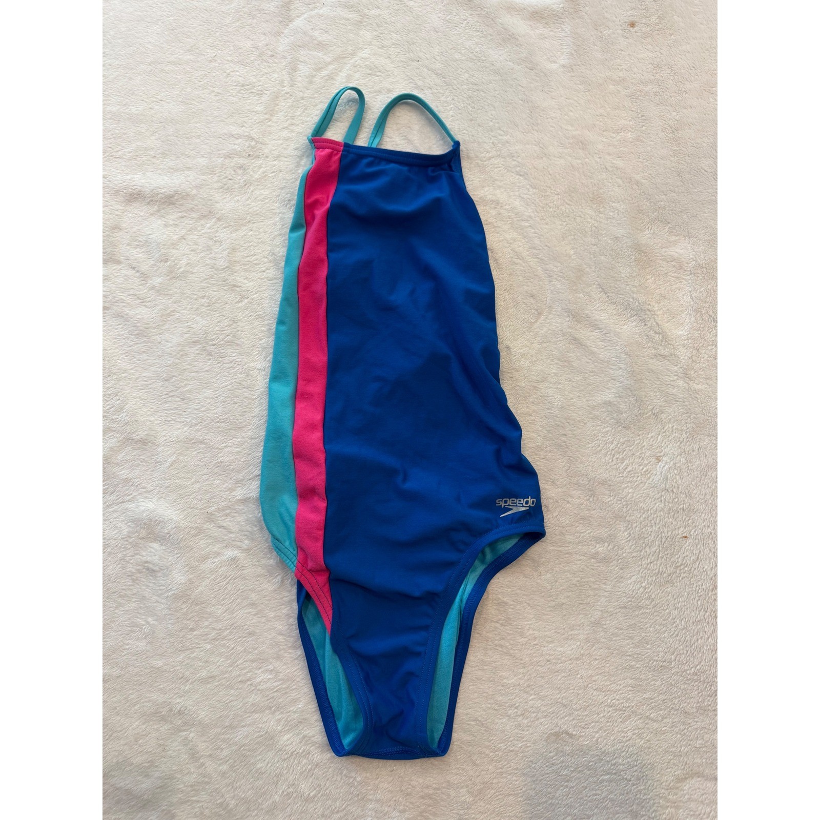 Speedo Endurance+ Women 30 Colorblock Tie Back One Piece Swimsuit Blue Pink Teal