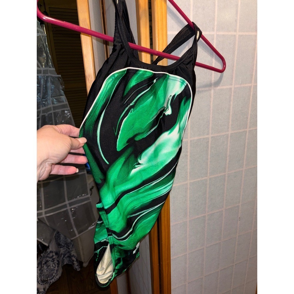 Speedo Womens Green Black Marble Swirl Racerback One Piece Swimsuit Size 8/34