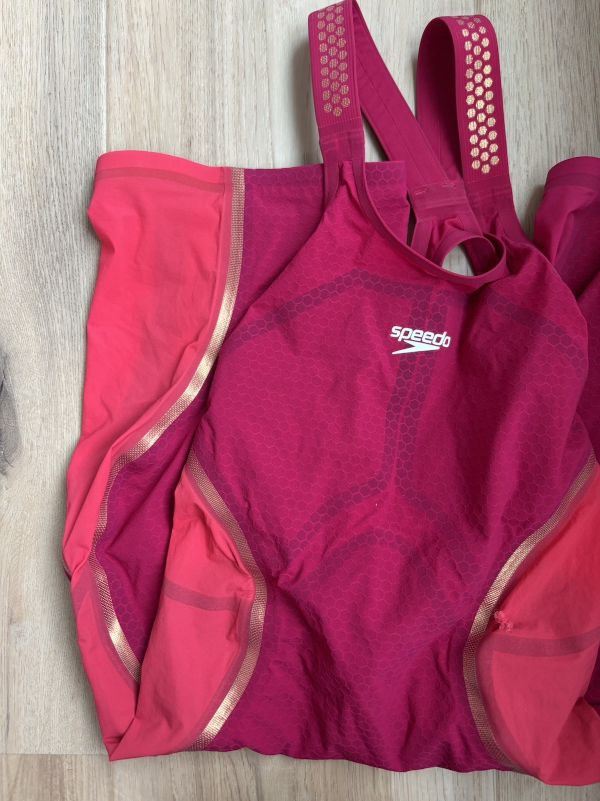 Pink and Gold Women’s Speedo Intent Tech Suit, Size 26, Open Back