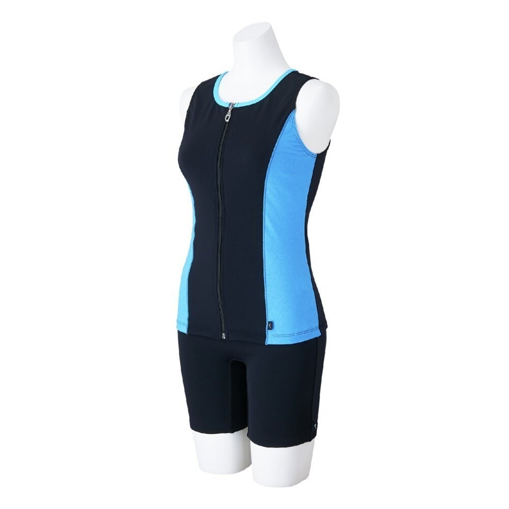 Mizuno Women’s Aqua Fitness Two-Piece Swimsuit Front Zip Tank Top Black/Sax