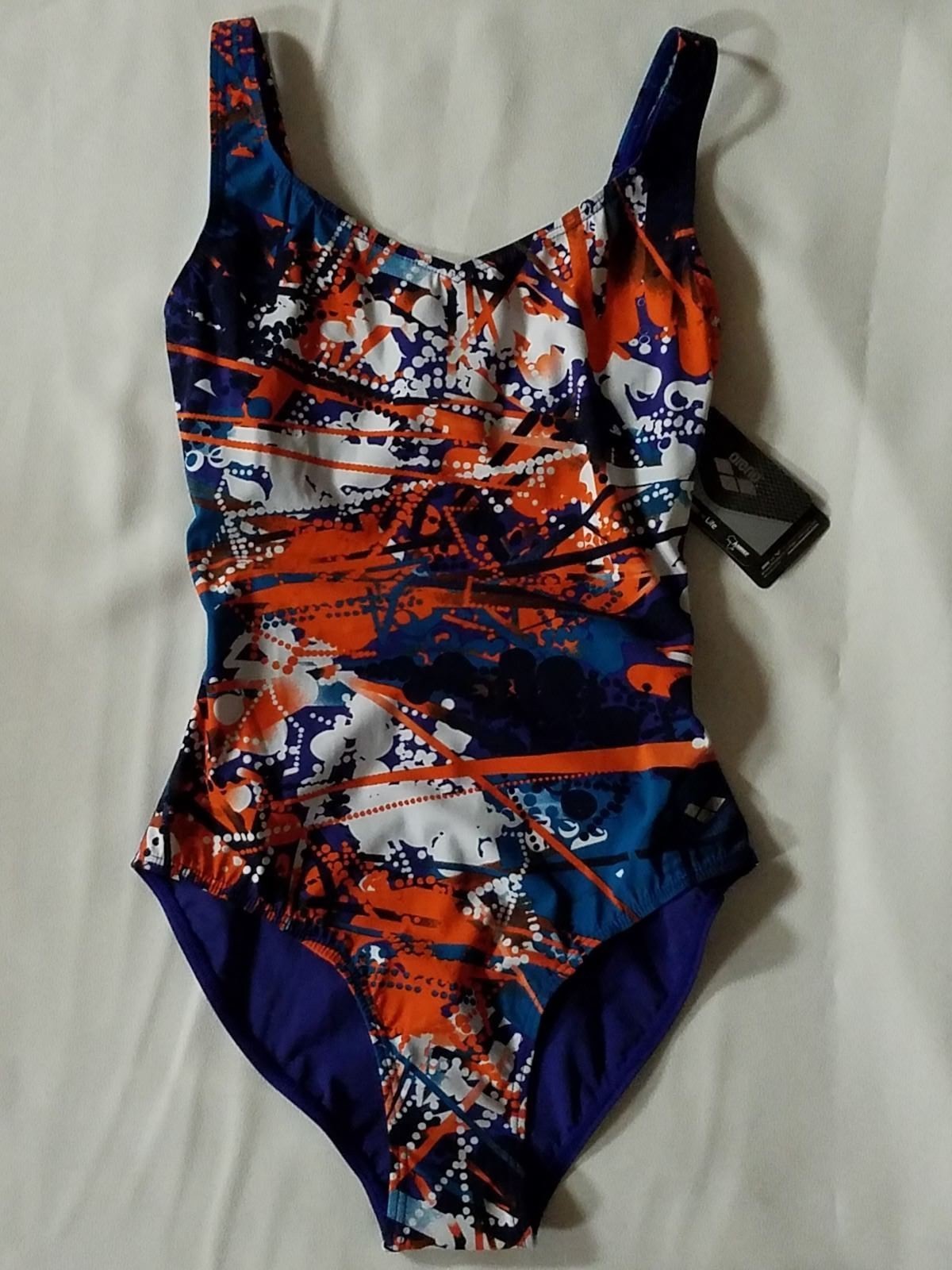 NWT ARENA Womens Fantasy 1-piece swimsuit ‘Raisin’ Purple/orange/teal 32/US 2/XS
