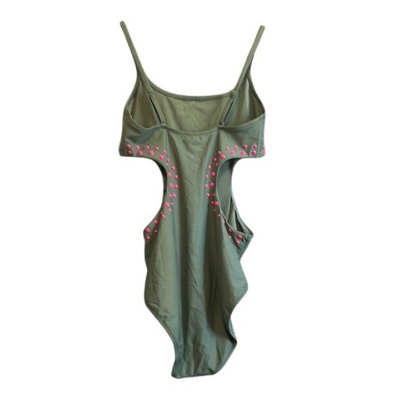 Aerie Real Good Olive Green Cutout One Piece Swimsuit Pink Studs Size M