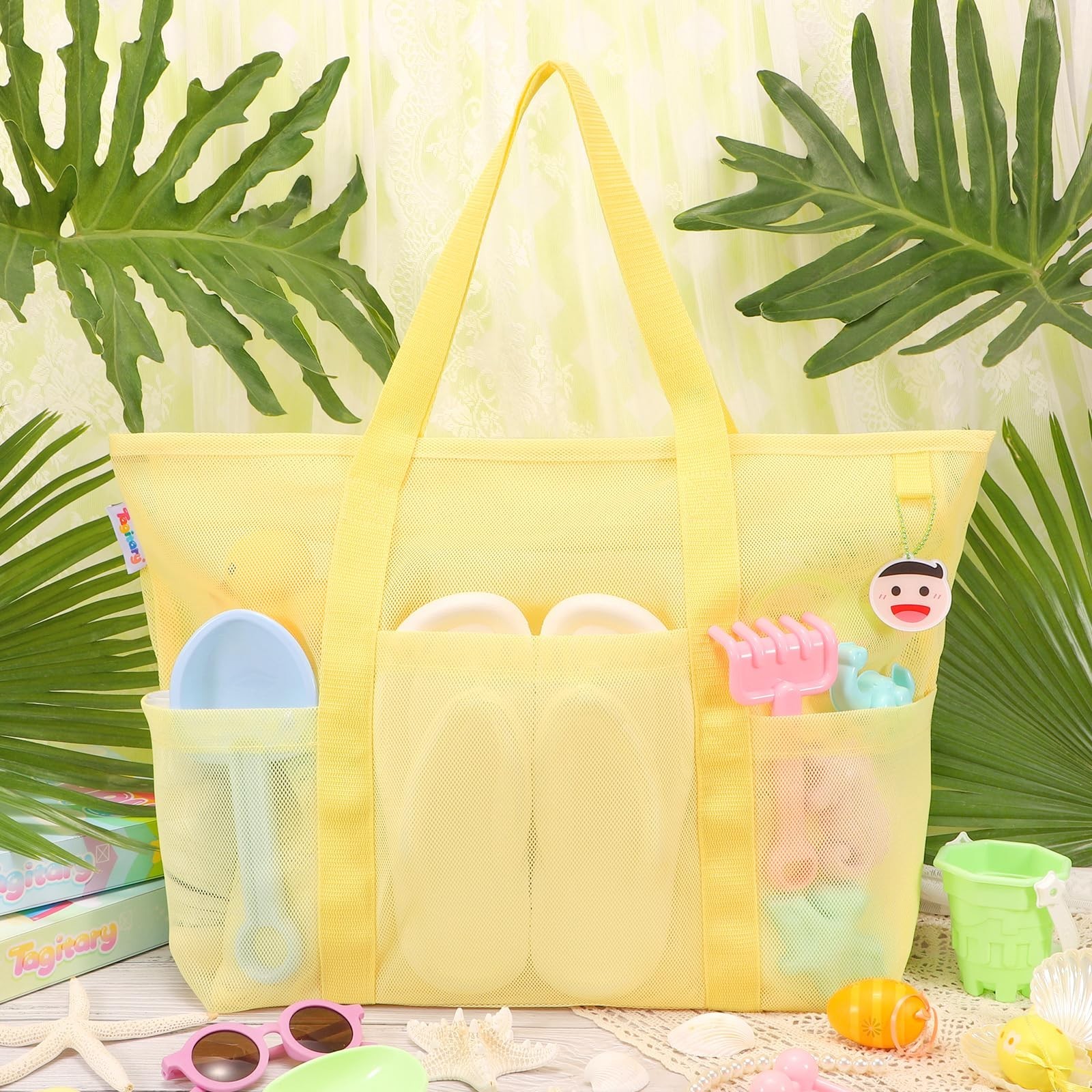 Tagitary Mesh Beach Bag with Zipper and 8 Pockets Yellow & Pink, Large Beach …
