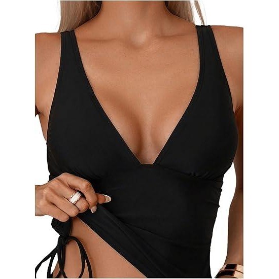 SweatyRocks Women’s XL Black 2 Piece Bathing Suit Tankinis Deep V Neck Drawstri