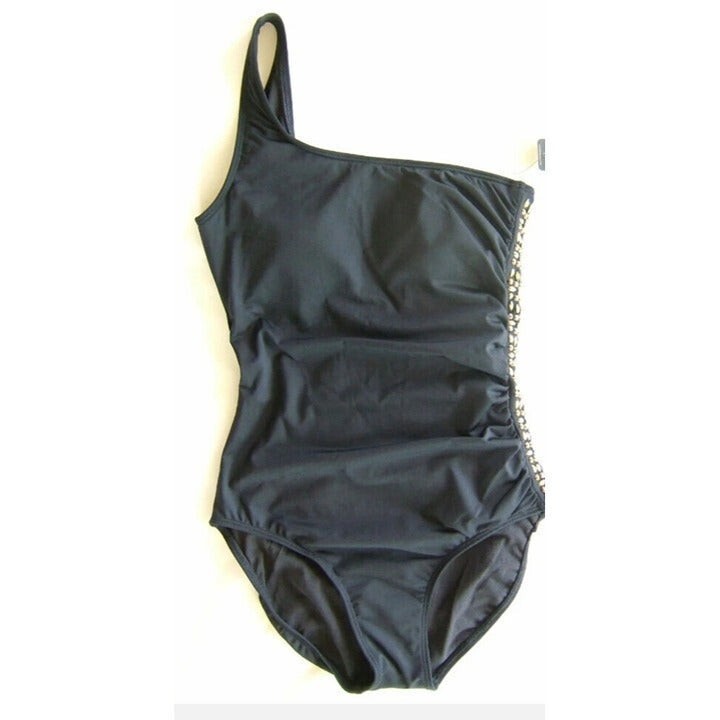 Laundry by Shelli Segal Black Gold One Shoulder Ruched Swim Suit Size S!!!