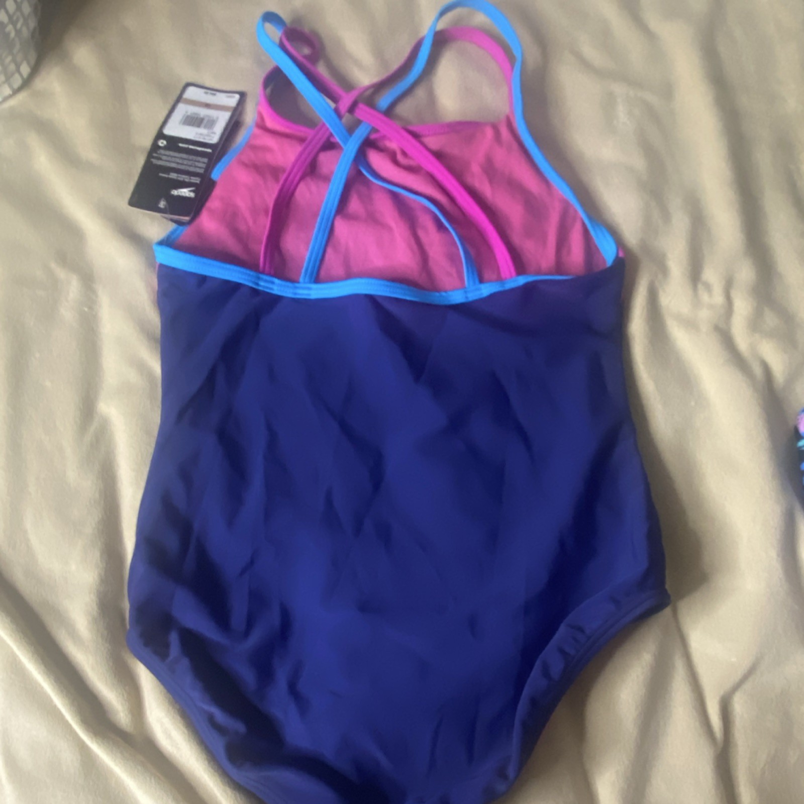 Speedo Cross Back One Piece Competitive Swimwear Navy Pink Blue Size 12