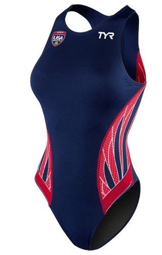 TYR Phoenix USA Logo Destroyer Blue Red Water 1-Piece Polo Swimsuit Womens Sz 26