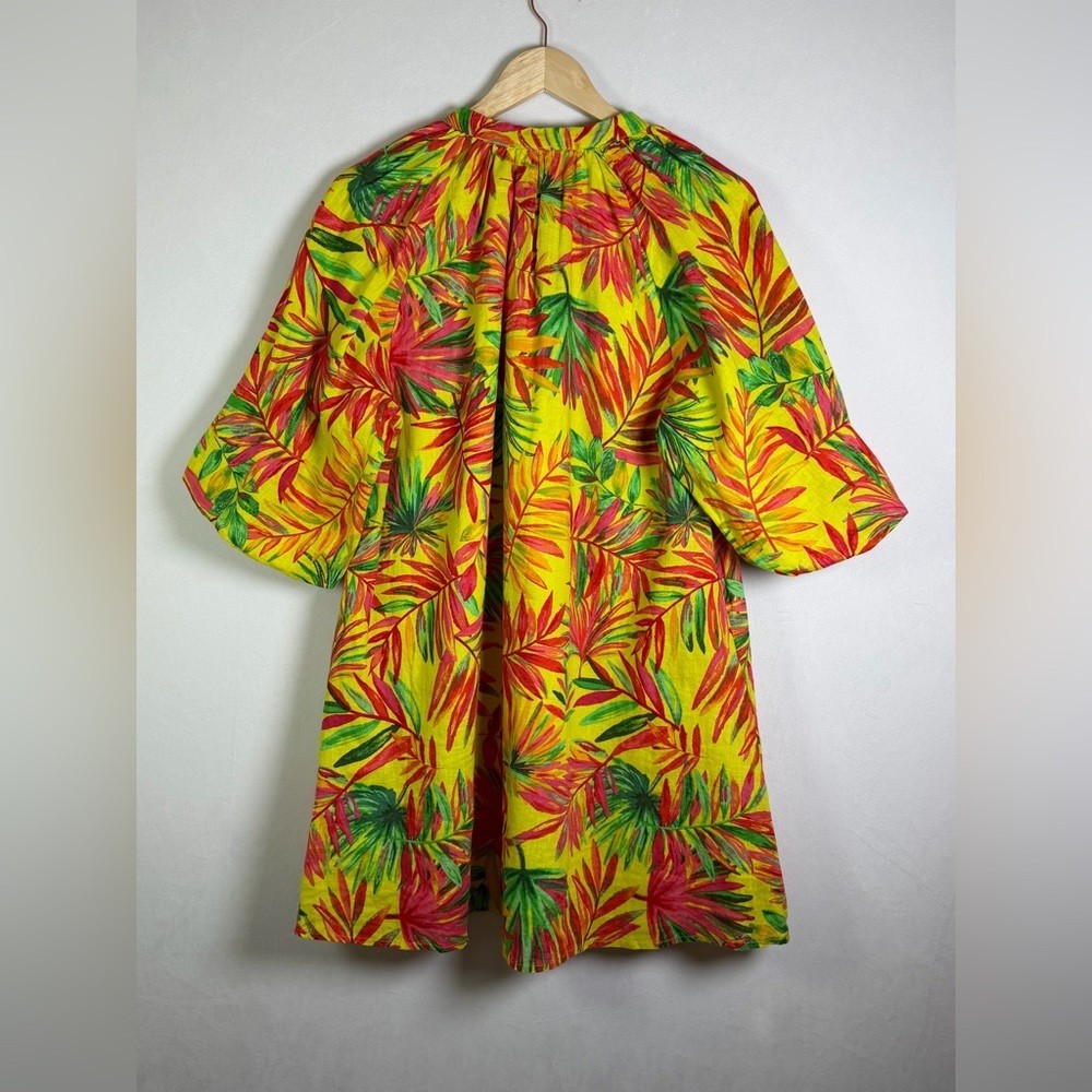 Magischoni Women’s 100% Linen Tropical Print Mini Dress Puff Sleeve Dress Sz S