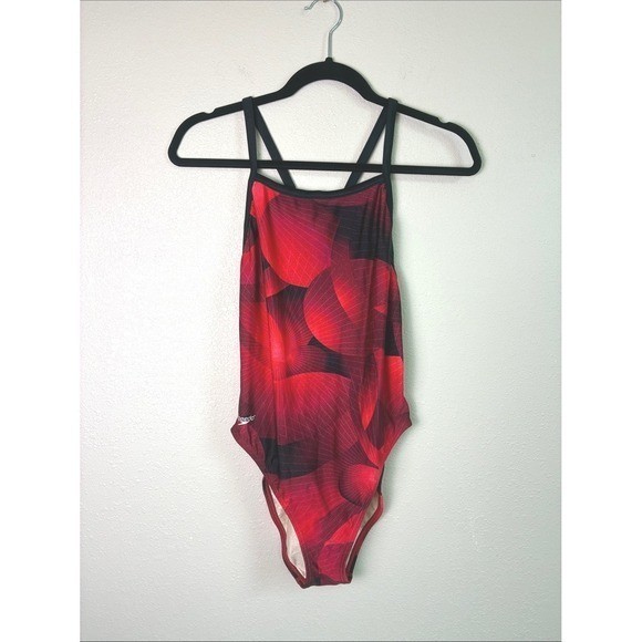 SPEEDO Size 10 Red Black Rising Sun Lycra Geoback One Piece Racer Swimsuit Beach