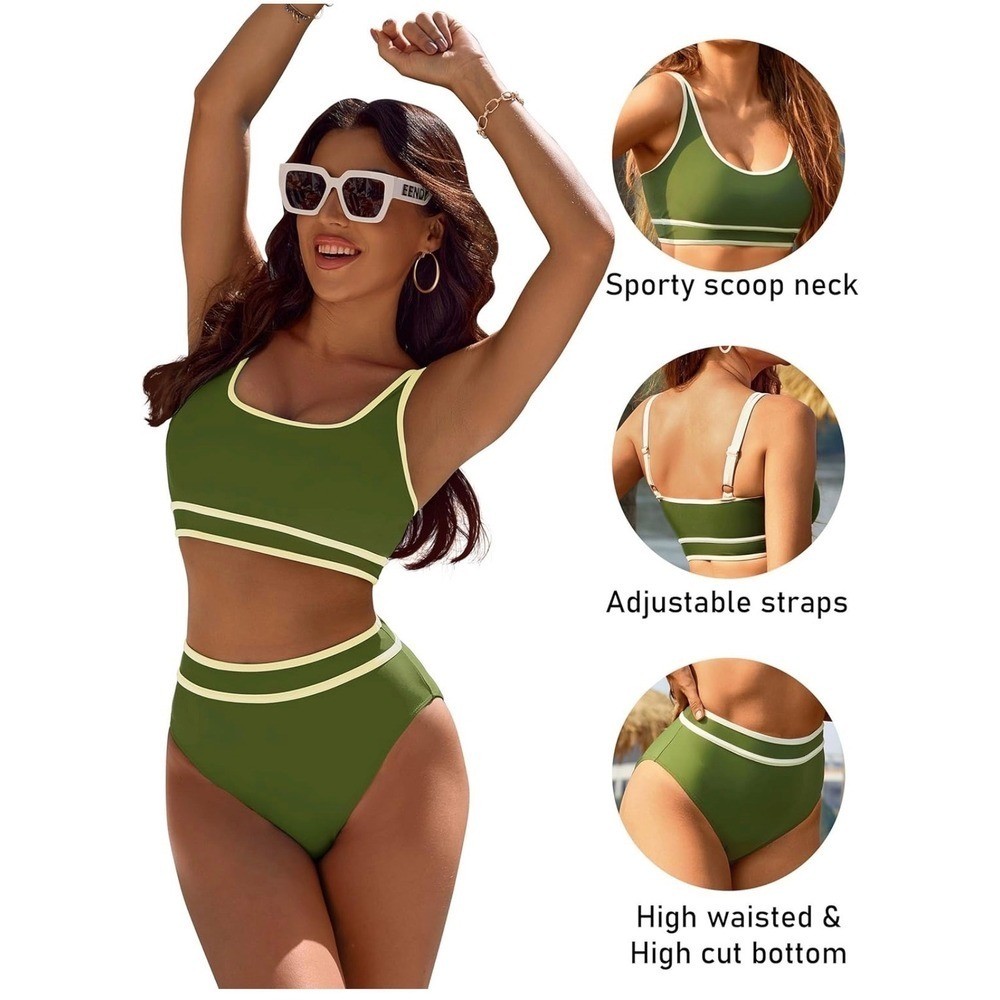BMJL Womens Olive Green Sporty Scoop Neck High Waisted Two Piece Bikini Set M