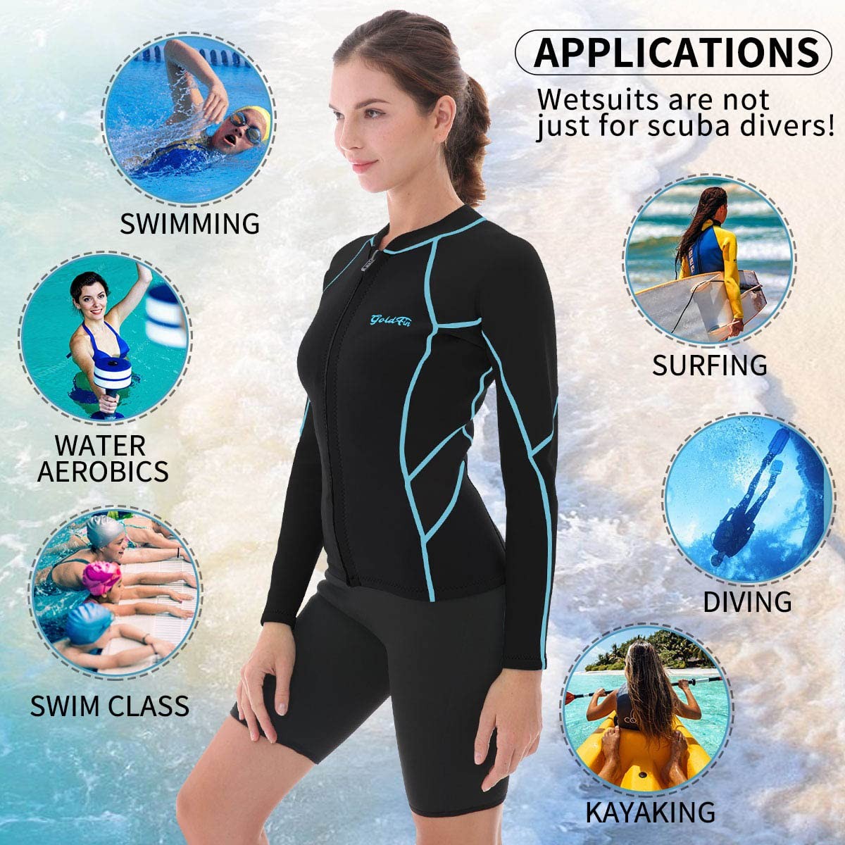 GoldFin Wetsuit Top Women, 2mm Wetsuits Jacket Long Sleeve Medium, Blue/line