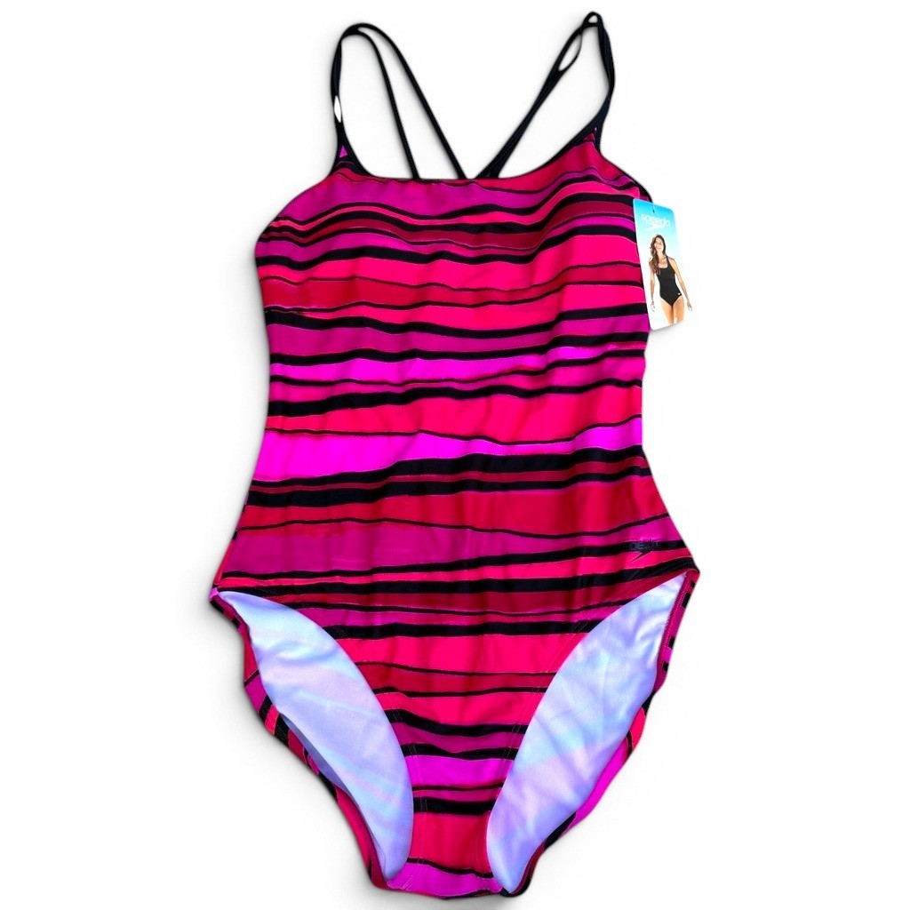 Speedo One Piece Swimsuit Women 16 Pink Black Striped Crossback Padded Classic