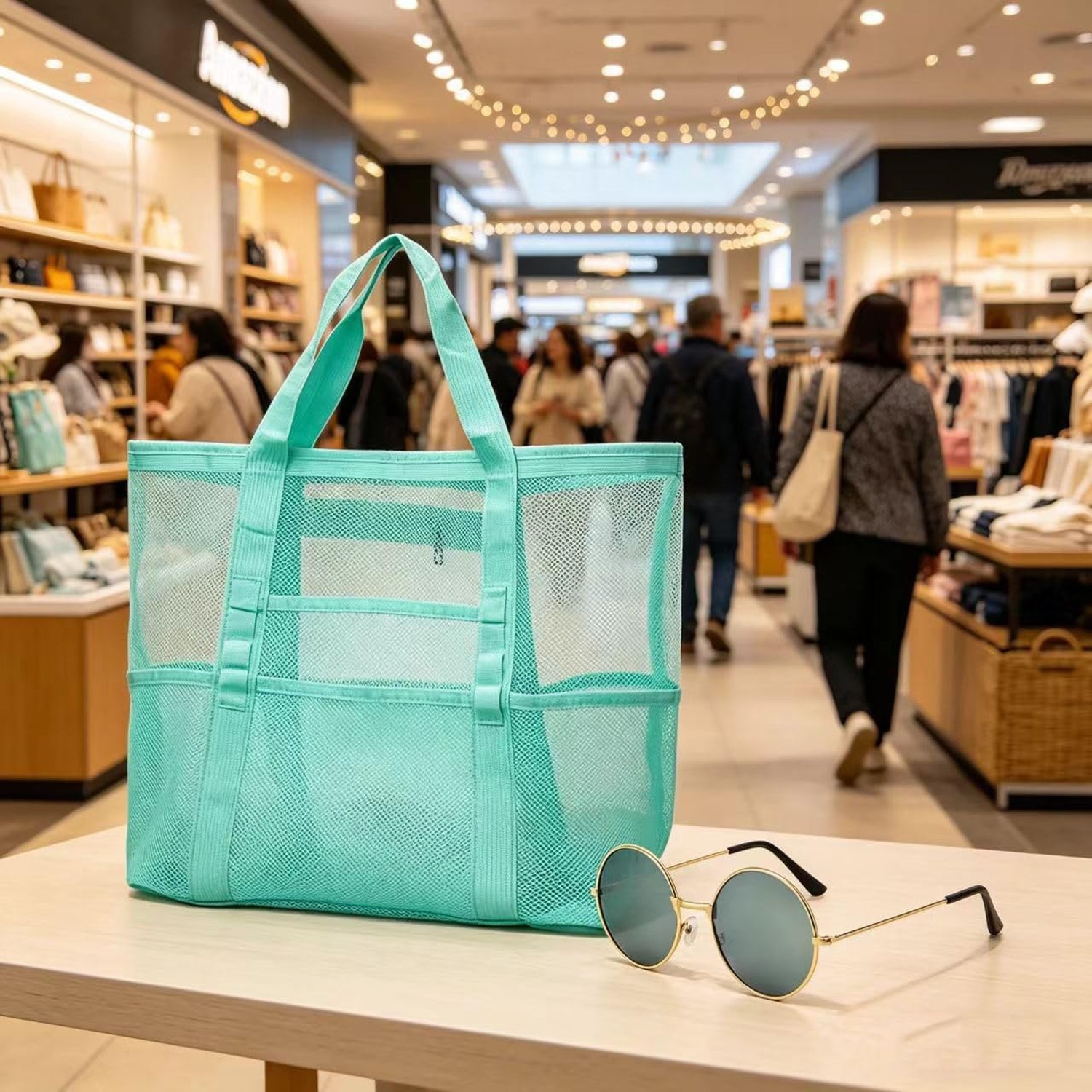 Mesh Beach Tote with Zipper Pockets,with a pair of Sunglasses X-Large Blue