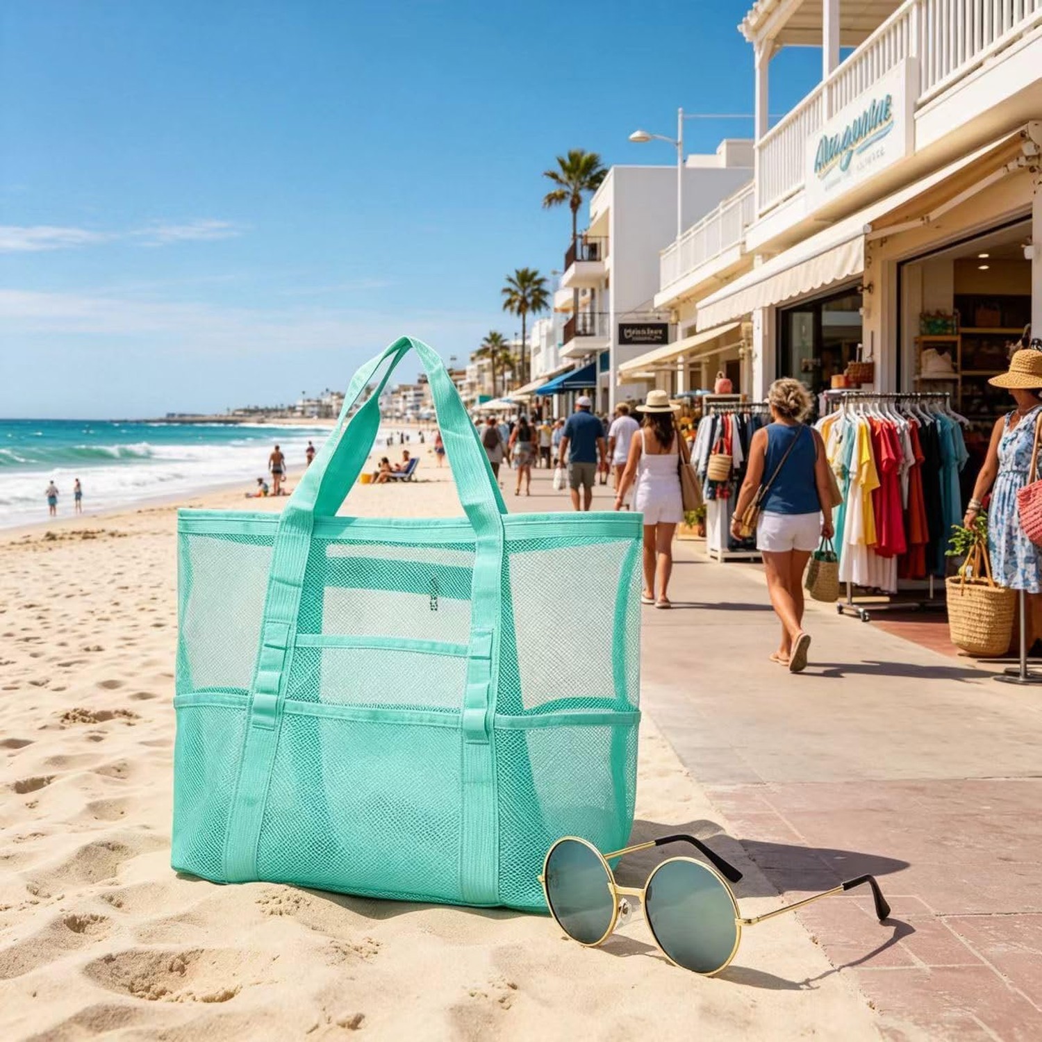 Mesh Beach Tote with Zipper Pockets,with a pair of Sunglasses X-Large Blue
