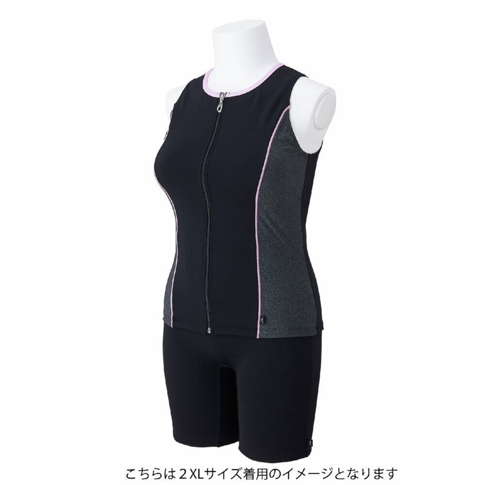 Mizuno Women’s Aqua Fitness Two-Piece Swimsuit Front Zip Tank Top Black/Pink