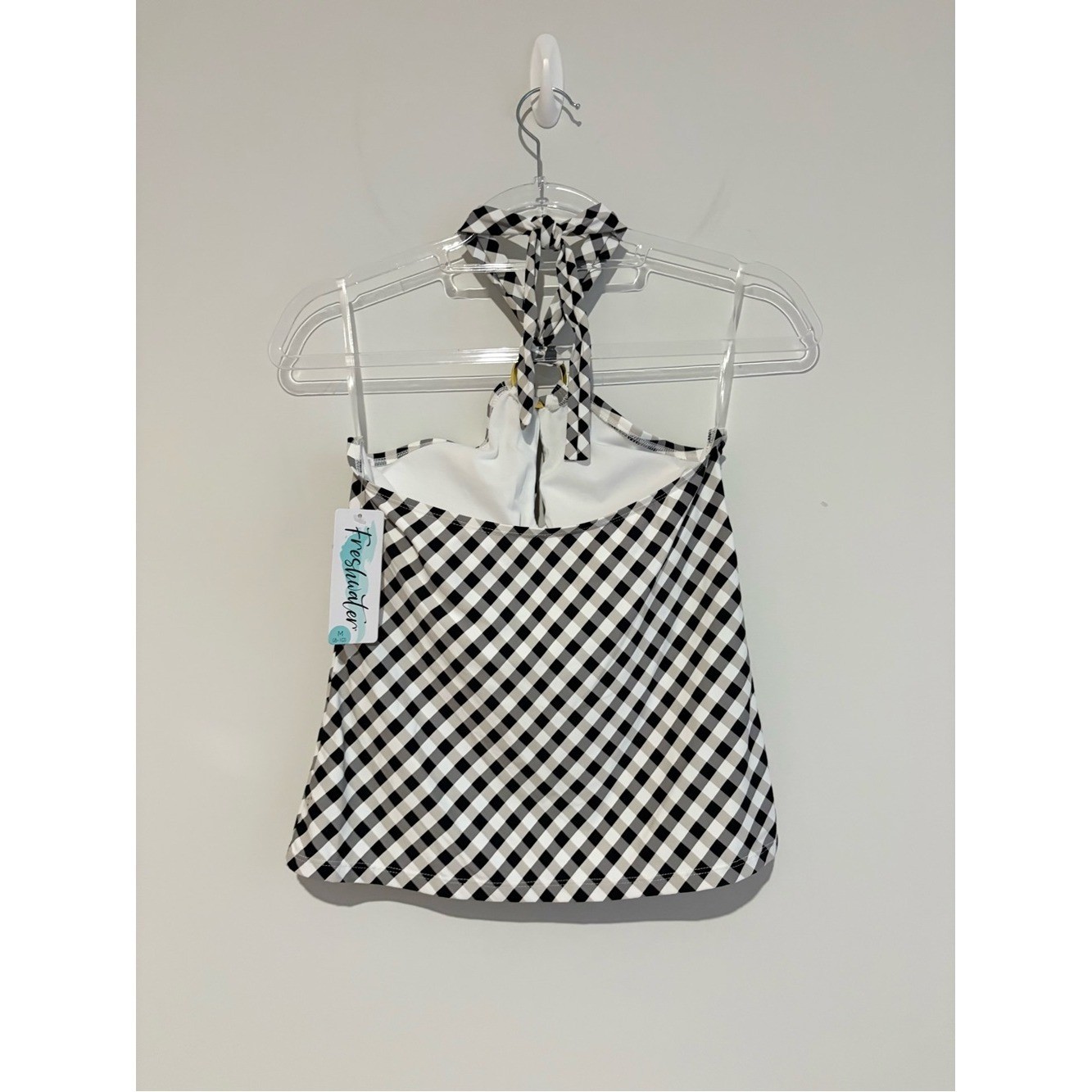 Freshwater Checked O-Ring Halter Tankini Top black white size medium