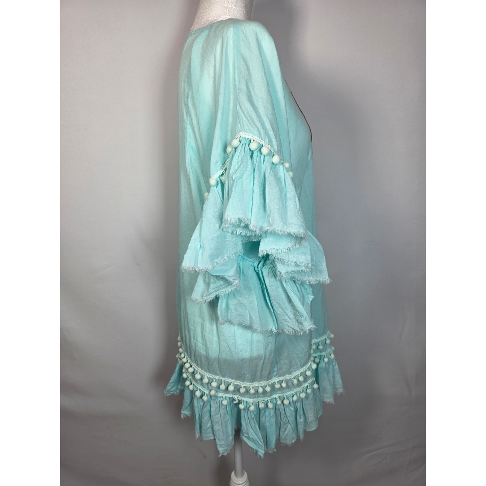 Debbie Katz Tunic L Aqua Embroidered Pom Pom Boho Beach Cover Up