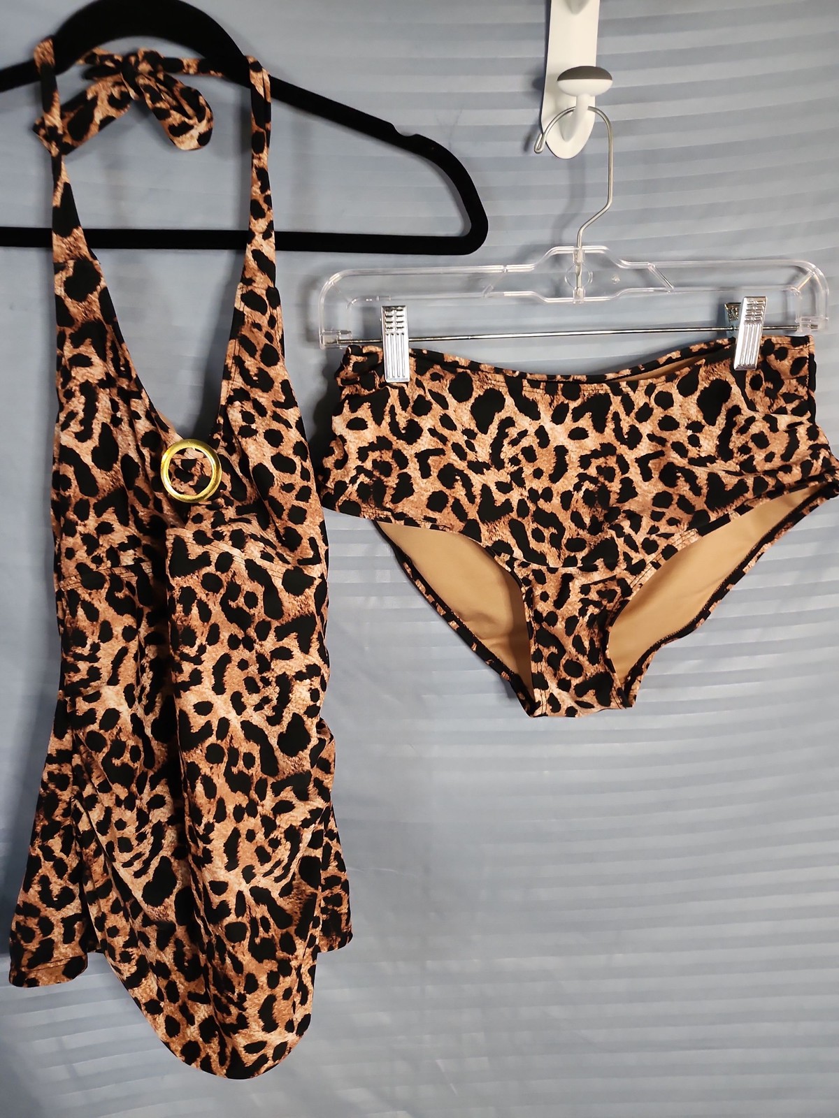 Women’s Leopard Print Halter One Piece Swimsuit & High Waist Bikini S