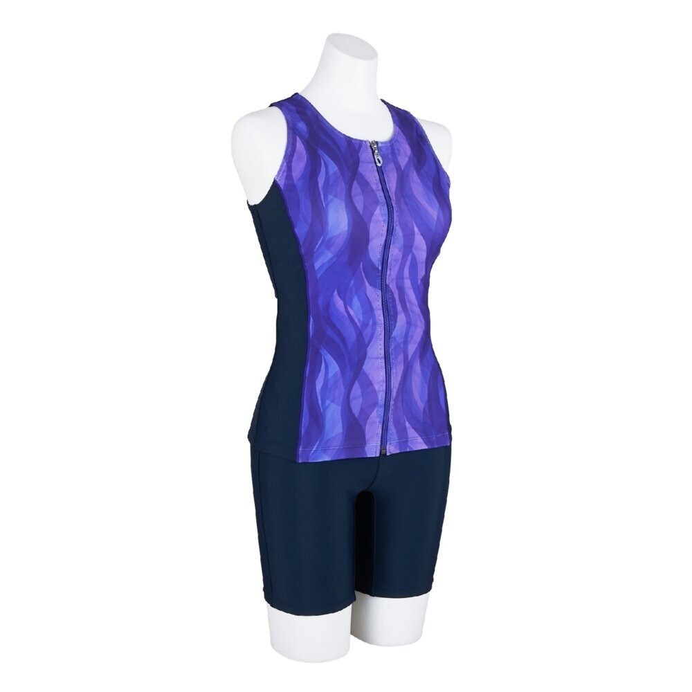 Mizuno Women’s Aqua Fitness Two-Piece Suit Front Zip Tank Top Navy/Violet Fizz