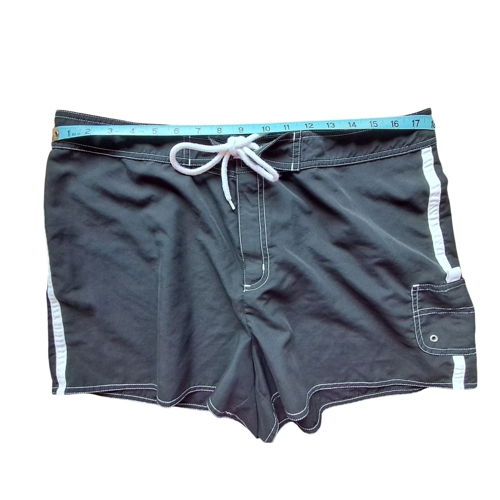 St Johns Bay Womens XL Black Board Shorts White Stripe Swim Trunks Cargo Pocket