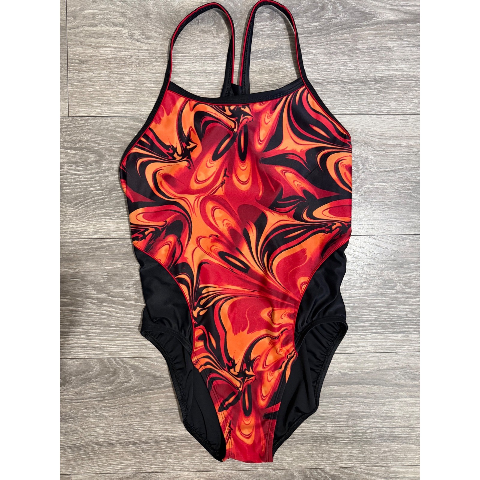 Womens Red Orange Swirl One Piece Swimsuit Size 38/12 Racerback Training Y2K