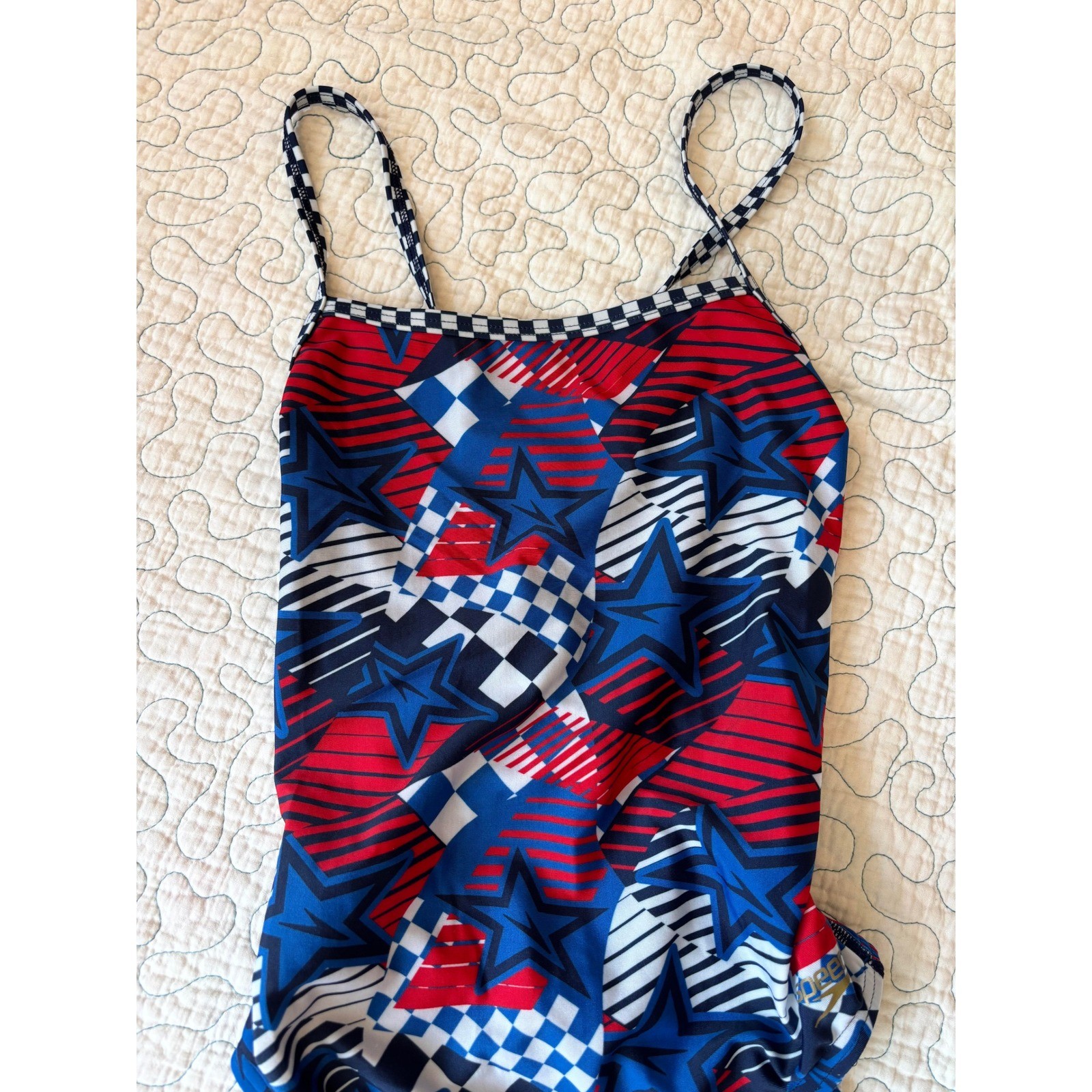 Speedo Overdrive One Piece Swimsuit True Cobalt Stars Stripes Red White Blue 34