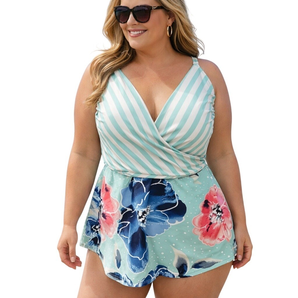 Cacique Women’s Sleeveless Stripe Floral Printed Tankini Swimsuit Top Size