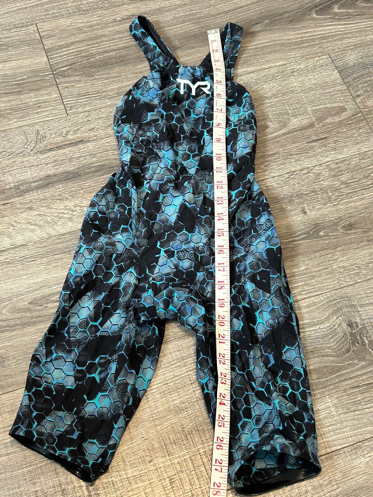 TYR Avictor Tech Suit Swim Suit Womens 25 Black Blue Knee Skin Open Back FLAW
