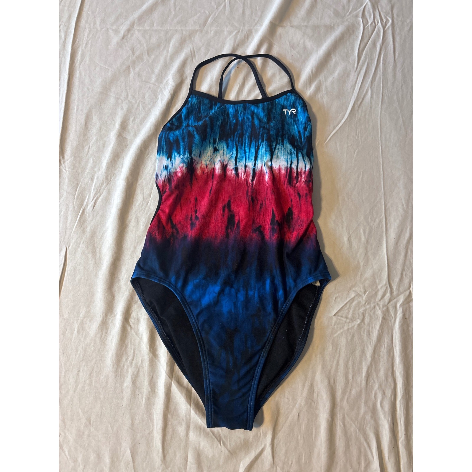TYR One Piece Swimsuit Women 34 Blue Red Tie Dye Excellent Crossback Athletic